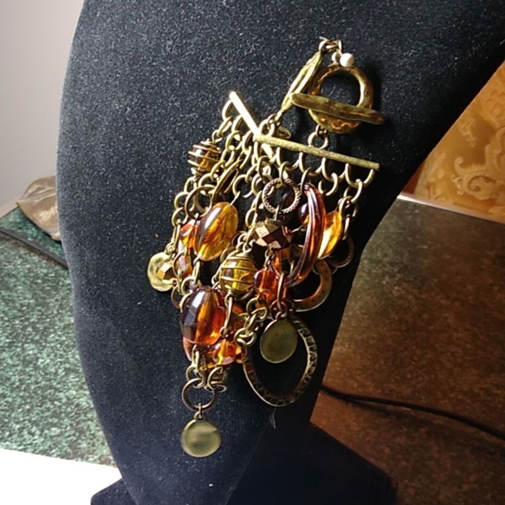 Five Strand Toggle Clasp Bead Metal Dangles Chains Bracelet Granny Chic